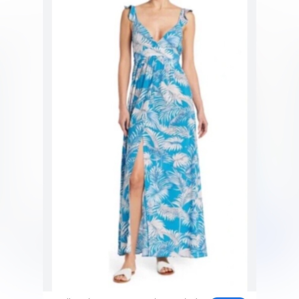 Maaji Maxi Dress Women’s Blue White Tropical Pattern Slit Cover Up Medium